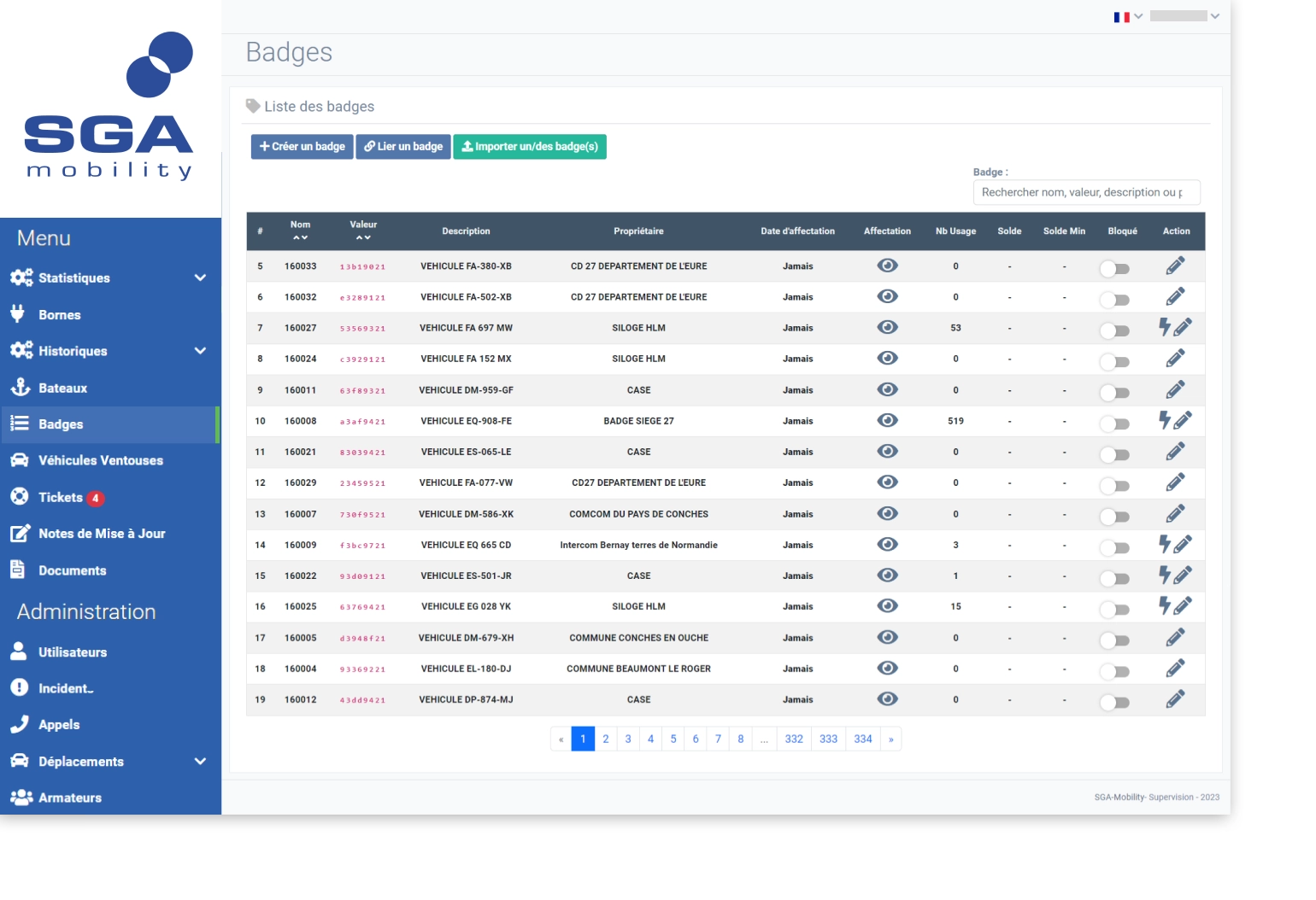 page de supervision borne