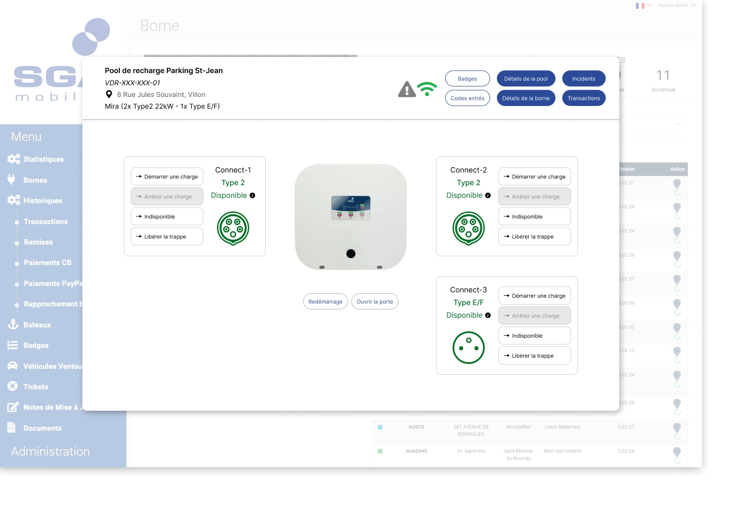 page de supervision borne